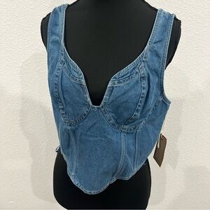 Lone Star Women's Denim Corset Top Plunge Front Smocked Back NWT Size L